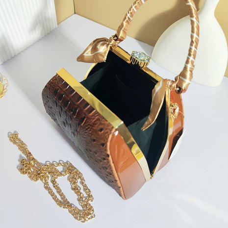 Elegant Crocodile Embossed Pattern Handbag for Women, PU Leather Crossbody Bag with Silk Chain Strap, Lady's Purse for Party