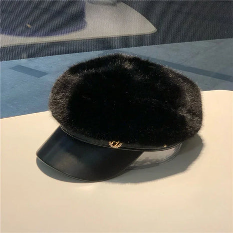 Vintage Mink Fur Beret Women Luxury Versatile Artist Hat Girls Lady Winter Warm Big Head Octagonal Cap Hard Brim Ski Caps