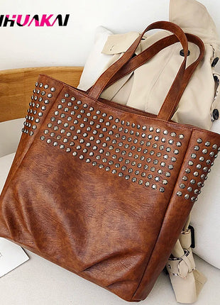 Women Shoulder PU Leather Bag Fashion Handbag Retro River Leather Ladies Shoulder Bag Large Tote Purse Women Handbag Tote Bags