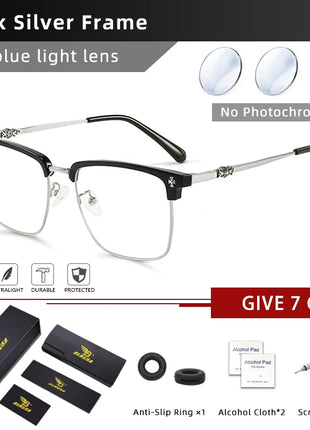 BLMUSA Men Classic Chrome Style Hearts Reading Glasses Anti Blue Light Myopia Glasses Photochromic Prescription Optical Eyewear