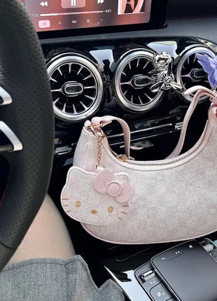 MINISO PU Leather Handbags Hello Kitty Purses Luxury Designer Tote Mini Size Underarm Bag Kawaii with Pendant and Zipper