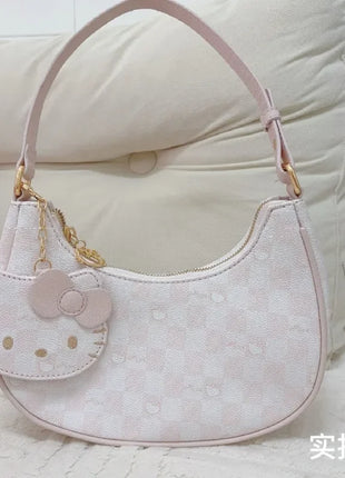 MINISO PU Leather Handbags Hello Kitty Purses Luxury Designer Tote Mini Size Underarm Bag Kawaii with Pendant and Zipper