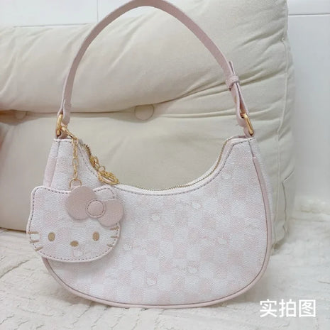 MINISO PU Leather Handbags Hello Kitty Purses Luxury Designer Tote Mini Size Underarm Bag Kawaii with Pendant and Zipper