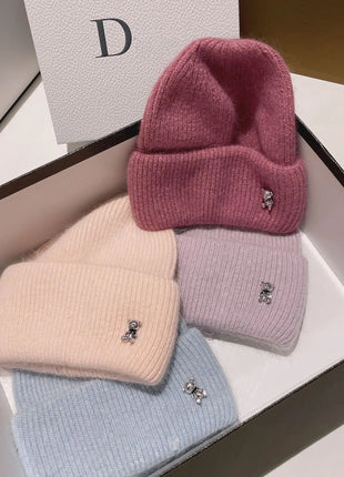 Luxury Cut Bear Real Rabbit Fur Knitted Hats for Women Winter Warm Hat Casual Lady Beanie Walking Bonnet Wool Skullies Caps