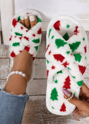 Christmas Tree Pattern Furry Bedroom Slippers