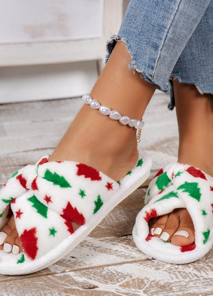 Christmas Tree Pattern Furry Bedroom Slippers