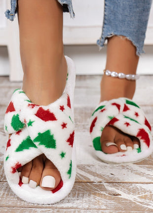 Christmas Tree Pattern Furry Bedroom Slippers