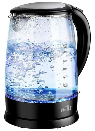 Willz 1.7 Liter 1500 Watt Electric Glass Tea Kettle in Black with Auto