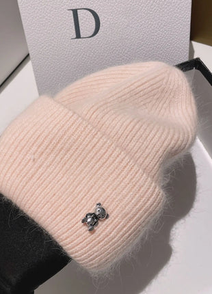 Luxury Cut Bear Real Rabbit Fur Knitted Hats for Women Winter Warm Hat Casual Lady Beanie Walking Bonnet Wool Skullies Caps