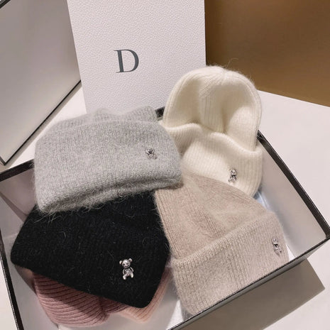 Luxury Cut Bear Real Rabbit Fur Knitted Hats for Women Winter Warm Hat Casual Lady Beanie Walking Bonnet Wool Skullies Caps