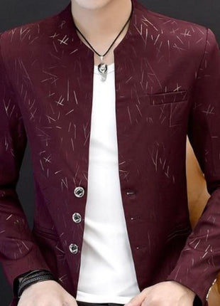 Mens Slim Round Stand Collar Pattern Blazer