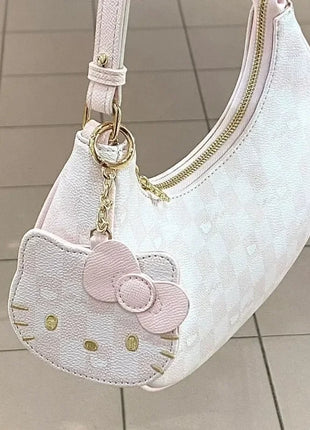 MINISO PU Leather Handbags Hello Kitty Purses Luxury Designer Tote Mini Size Underarm Bag Kawaii with Pendant and Zipper