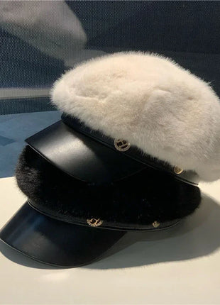 Vintage Mink Fur Beret Women Luxury Versatile Artist Hat Girls Lady Winter Warm Big Head Octagonal Cap Hard Brim Ski Caps