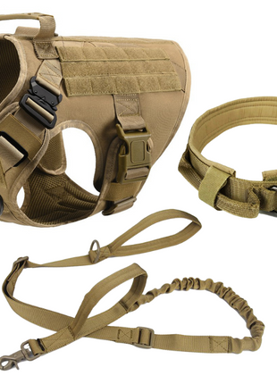 Military Dog Tactical Harness, Collar, and Leash Gear Set (Brown)