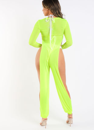 Sexy Mesh Cover Up Jumpsuit Summer Bodycon Beachwear NEON YELLOW