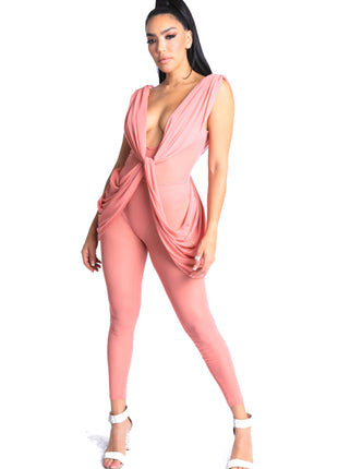 Sexy Sleeveless Lightweight Draped Mesh Jumpsuit Party Clubwear MAUVE