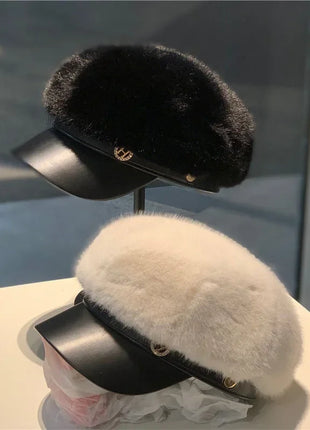 Vintage Mink Fur Beret Women Luxury Versatile Artist Hat Girls Lady Winter Warm Big Head Octagonal Cap Hard Brim Ski Caps